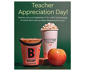 Teachers Appreciation Day: Enjoy a Free 16 oz Beverage and More at BIGGBY® COFFEE