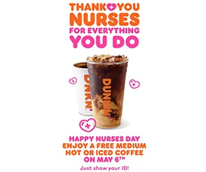 Free Medium Hot or Iced Coffee at Dunkin' to Celebrate National Nurses Day